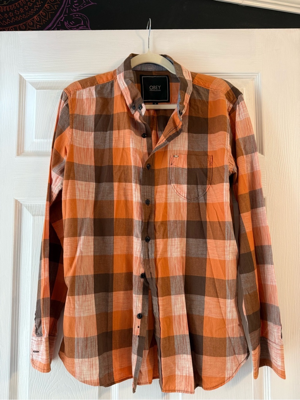 Obey Propaganda Men’s 100% Cotton Orange Black Plaid Button Down Size Medium